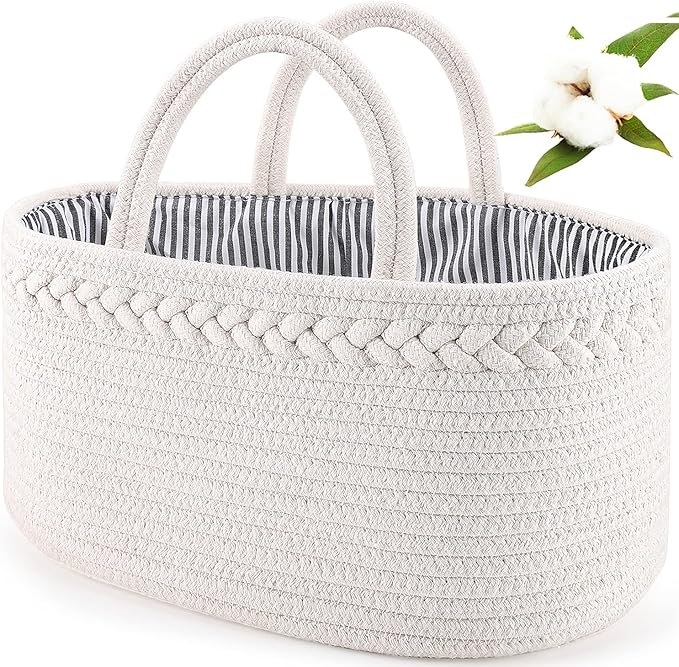 ABenkle Baby Diaper Caddy, Nursery Storage Bin and Car Organizer for Diapers and Baby Wipes, Cotton Rope Diaper Basket Caddy, Changing Table Diaper Storage Caddy