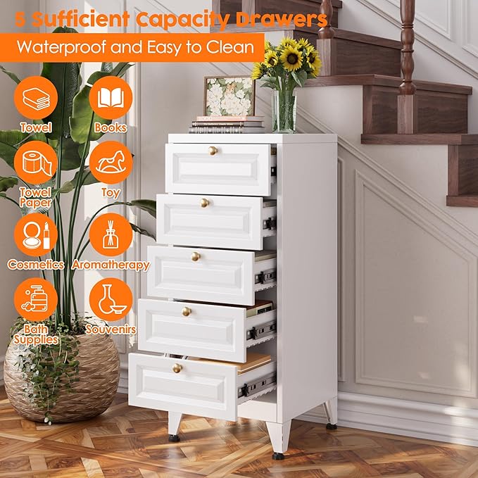 Aobabo Metal Bathroom Storage Cabinet with 5 Drawers, Steel Narrow Cabinet Organizer, Freestanding Floor Storage for Bathroom, Entryway and Living Room, Assembly Required