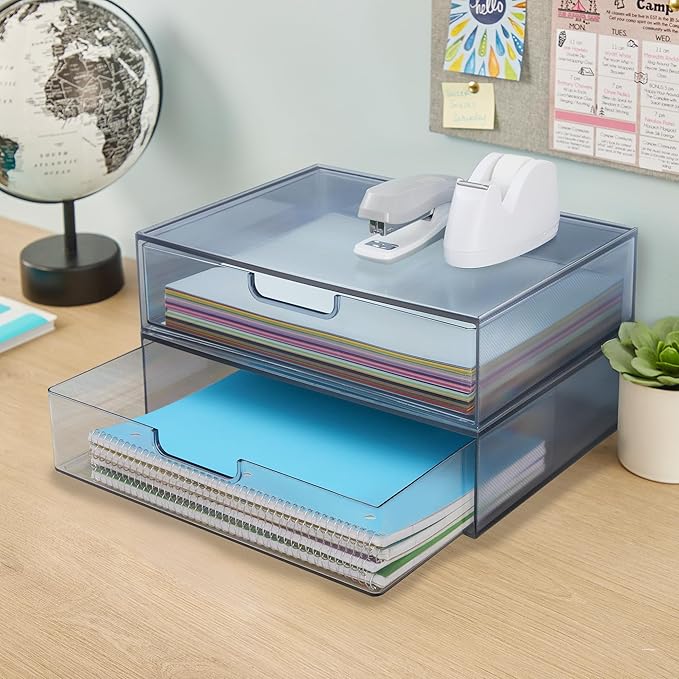 STORi STAX Plastic Stackable Organizer Drawers (Set of 2) Classic Grey | 12.5" Wide | Set Includes Two Open Drawer | Organize Office Desk Accessories & Sort Paper | Made in USA