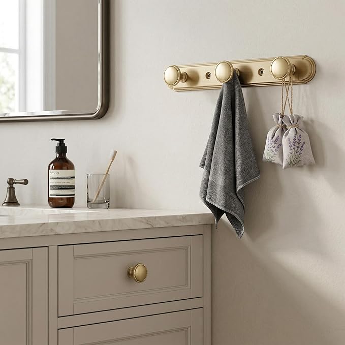 Goo-Ki Champagne Bronze Coat Rack Wall Mount with Orbit Rim Backplate, Modern Heavy Duty Zinc Alloy Coat Hooks, Soft Gold Hat and Towel Hanger Rail for Entryway, Bathroom and Mudroom (3 Hooks)