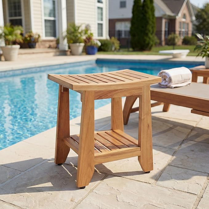 Teak Shower Bench Stool, 14'' Compact Waterproof Wooden Sauna Bath Bench with Storage Shelf, Non-Slip Solid Teak Shower Seat Chair for Small Bathrooms Inside Shower and Outdoor Use