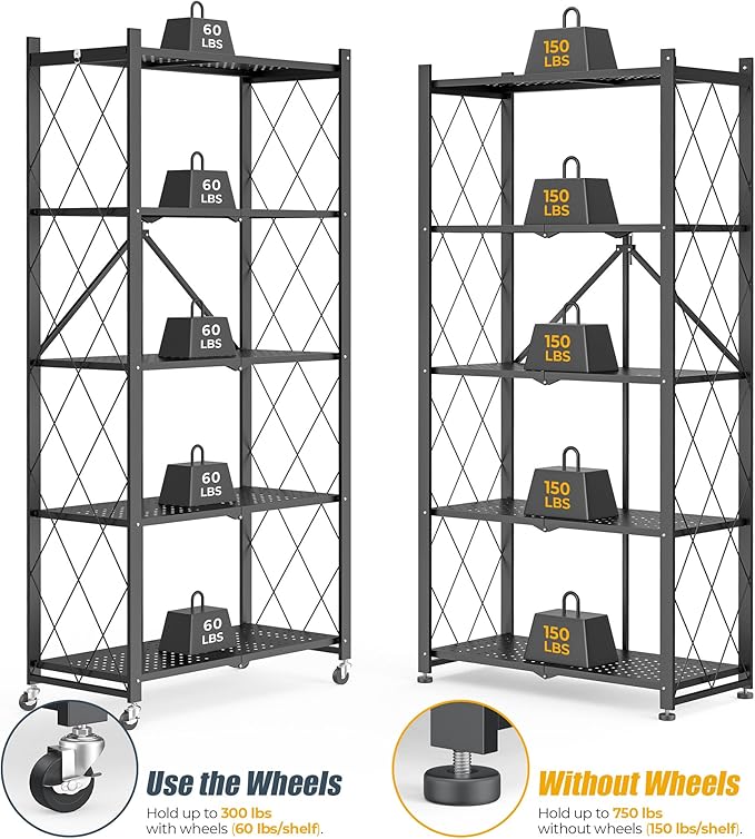5-Tier Folding Metal Storage Rack - 63" Heavy-Duty Steel Frame with Wheels, No Assembly Utility Organizer, Rolling Shelving Unit for Kitchen, Garage, Pantry, Bedroom (Black, 5 Tier)