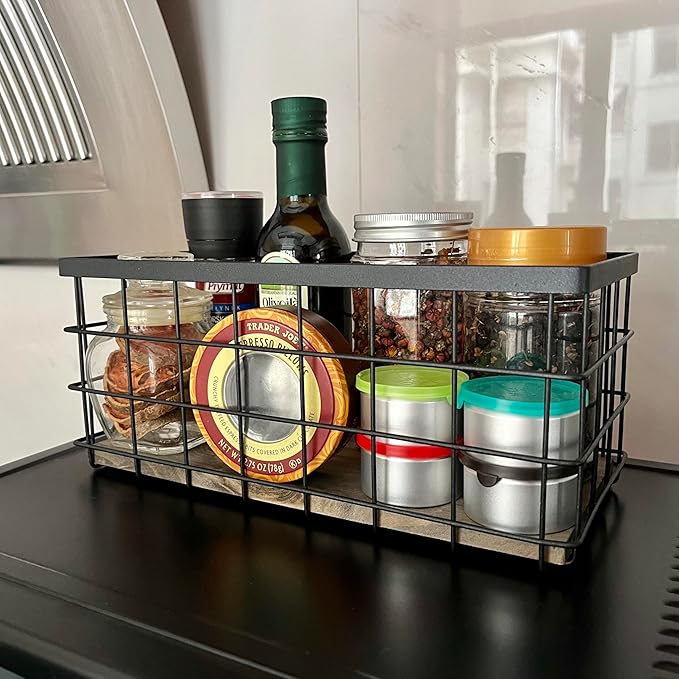 Small Bathroom Organizer Tray with wooden base, Home Decor Basket, Metal Wire Storage Basket, Organizer for Skincare, Japanese farmhouse basket, Black (1)