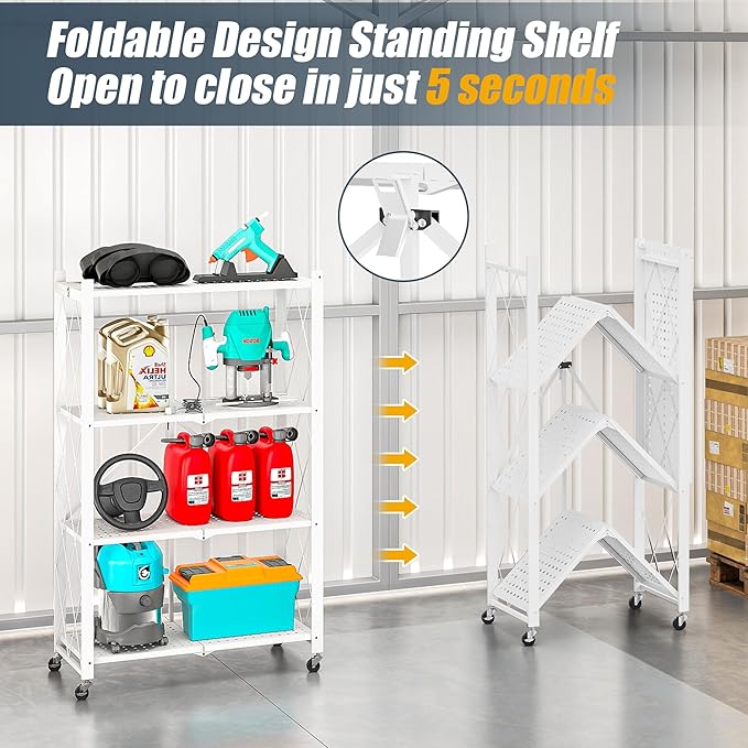 4-Tier Folding Metal Storage Rack - 50" Heavy-Duty Steel Frame with Wheels, No Assembly Utility Organizer, Rolling Shelving Unit for Kitchen, Garage, Pantry, Bedroom (White, 4 Tier)