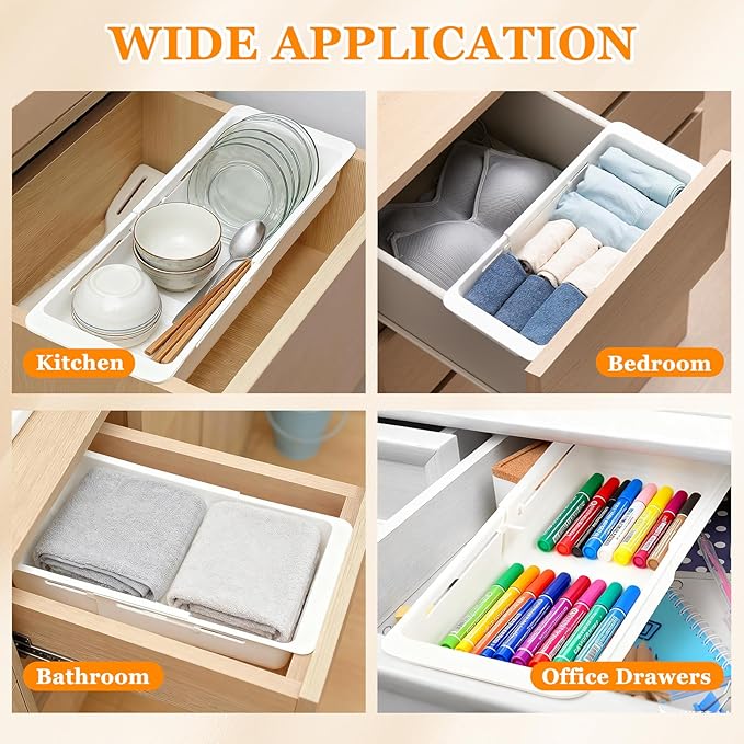 2 Pack Hanging Expandable Drawer Organizer with 2 Pack Non-Hanging Sliding Adjustable Storage Trays for Kitchen, Bathroom, Office, White