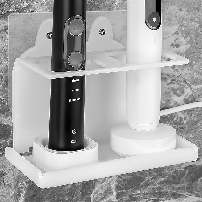 2Pack Electric Toothbrush Holder Wall Mounted, Electric Toothbrush Cord Organizer Holds 2 Chargers, Self Adhesive Electric Toothbrush Stand for Bathroom, Medicine Cabinet, Dorm(White)