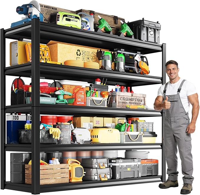 Garage Shelving, 5-Tier Garage Storage Shelves, 2000LBS Heavy Duty Shelves, 72" H x 59" W x 19.6" D Metal Shelving Unit, Utility Adjustable Storage Shelf for Warehouse, Basement, Closet