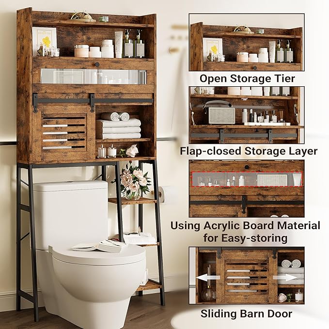 IRONCK Over The Toilet Storage Cabinet with Sliding Barn Door, 5-Tier Farmhouse Bathroom Organizer with Side Open Shelves, Freestanding Space Saver, Adjustable Shelf, Vintage Brown