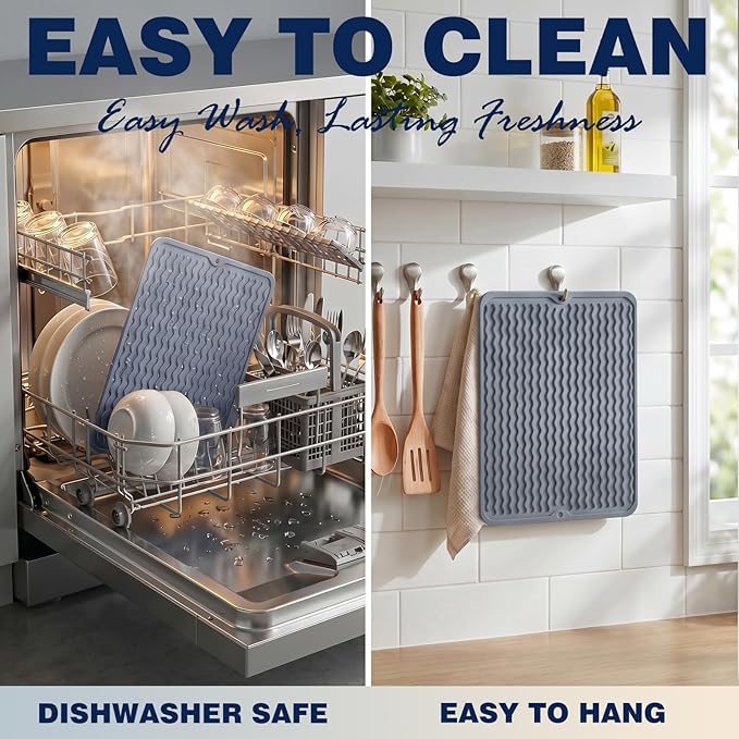 CAKETIME 2 Pack Silicone Dish Drying Mat for Kitchen Counter Waterproof Place mats Sink Protector Stove Top Organizer Appliance Storage Vanity Trays Dryer Rack Drainers Items 15"x11.5" Beige