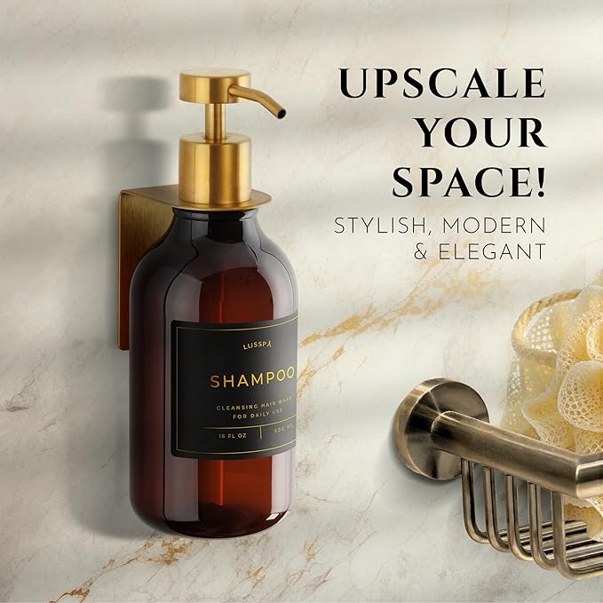 Shower Shampoo Dispenser Wall Mounted – Refillable 16.9 oz Amber Bottle with Stainless Steel Pump & No-Drill Adhesive Holder – Soap Dispenser for Bathroom (1 X Amber/Gold)