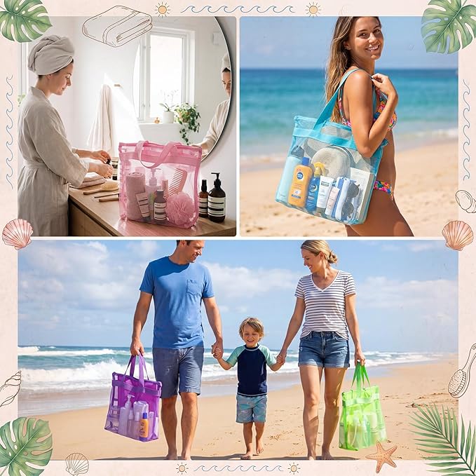 Tudomro 12 Pcs Mesh Shower Bag Caddy Tote Portable Quick Dry Tote Bag Lightweight Hanging Toiletry Bath Organizer for College Dorms Gym Swimming Beach Travel Games Sports (6 Colors)