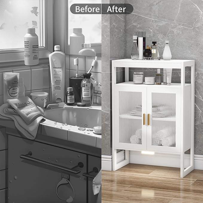 Bathroom Floor Storage Cabinet Freestanding Organizer with Sensor Light & Acrylic Doors for Bathroom, Home Office, Bedside, Sofa Side Table