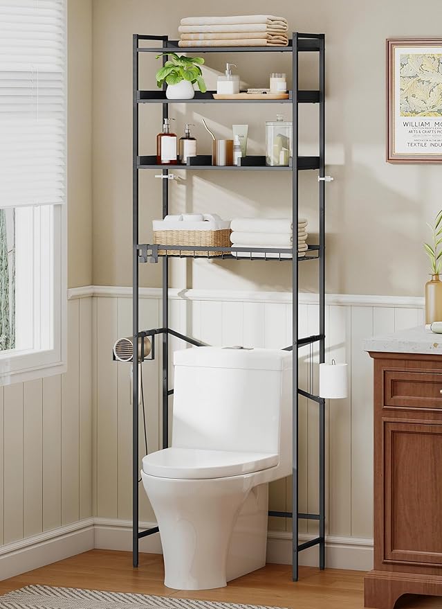 Quikraen 4 Tier Over The Toilet Storage Shelf with 3 Adjustable Shelves, Space Saver Bathroom Organizer with 4 Hooks, Freestanding Above Toilet Rack for Restroom Laundry (Black)