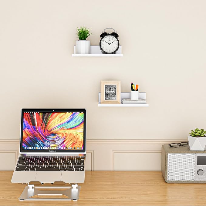 Wisfame Small Floating Shelves for Wall, Metal Adhesive Wall Shelf 2 Pack, Modern Display Shelf for Living Room, Bedroom, Bathroom Decor (White, 8 Inch)