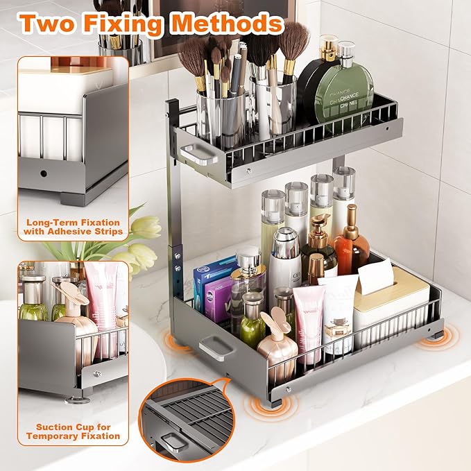 Under Sink Organizer, 2 Tier Slide Out Cabinet Organizer with Pulley, Height Adjustable Pull Out Shelf for Kitchen, Bathroom, Laundry and Utility Storage, Gray, 1 Pack