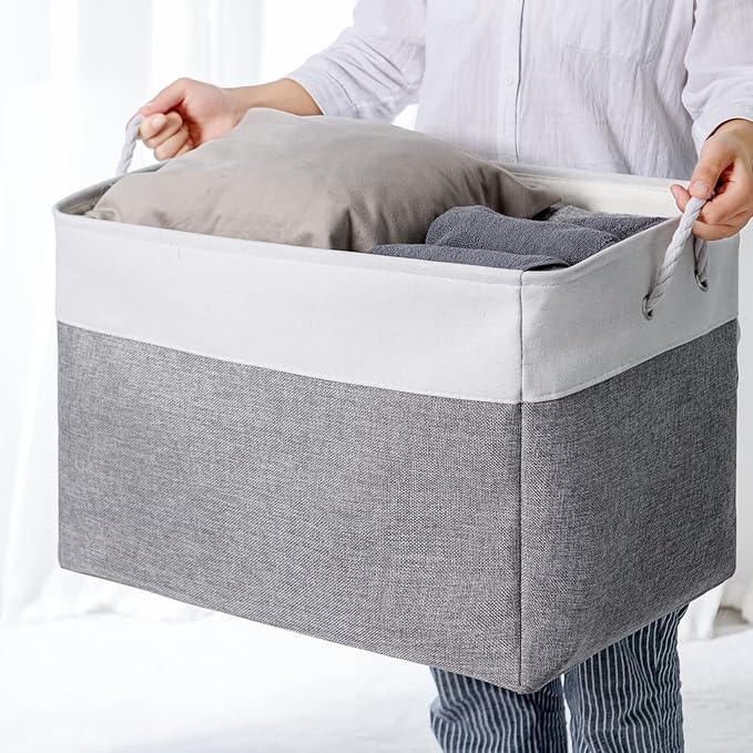 TheWarmHome Storage Bins Baskets for Organizing, 20.5L×15.7W×13.8H 3 Pack Sturdy Fabric Storage Basket W/Handles, Decorative Foldable Storage Baskets for Shelves Closet Nursery Toy (White & Grey)