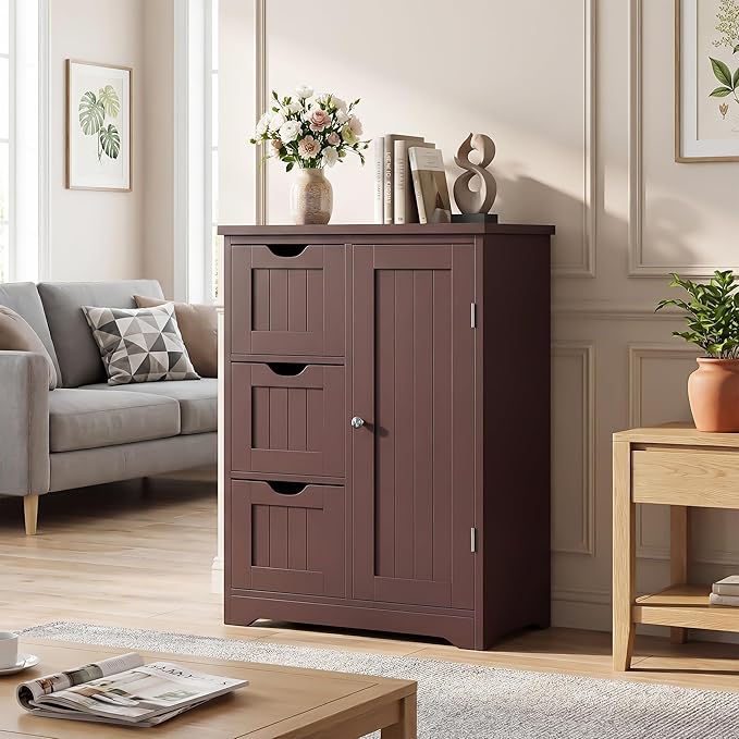 SUPER DEAL Bathroom Storage Cabinet with 3 Drawers and 1 Door, Entryway Home Decor Furniture Towels Storage Organizer Unit, Brown