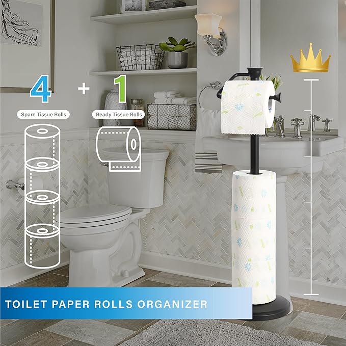 ZCCZ - Free Standing Toilet Paper Holder Stand with Reserve, Bathroom Tissue Dispenser Storage for 5 Mega Rolls, Black Toilet Paper Roll Organizer for Modern Bathrooms