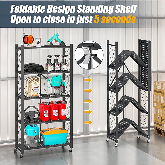 5-Tier Folding Metal Storage Rack - 63" Heavy-Duty Steel Frame with Wheels, No Assembly Utility Organizer, Rolling Shelving Unit for Kitchen, Garage, Pantry, Bedroom (Black, 5 Tier)