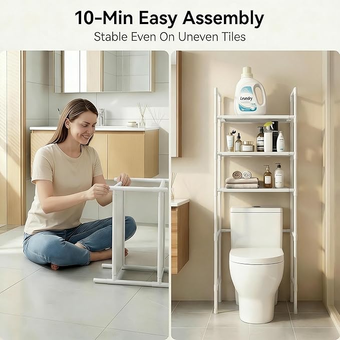 Renyqatt Over the Toilet Storage, 3-Tier Bathroom Organizer, Freestanding Above Toilet Shelf with Adjustable Feet, Space Saving, Easy Assembly, Carbon Steel Shelf, 61" H, White