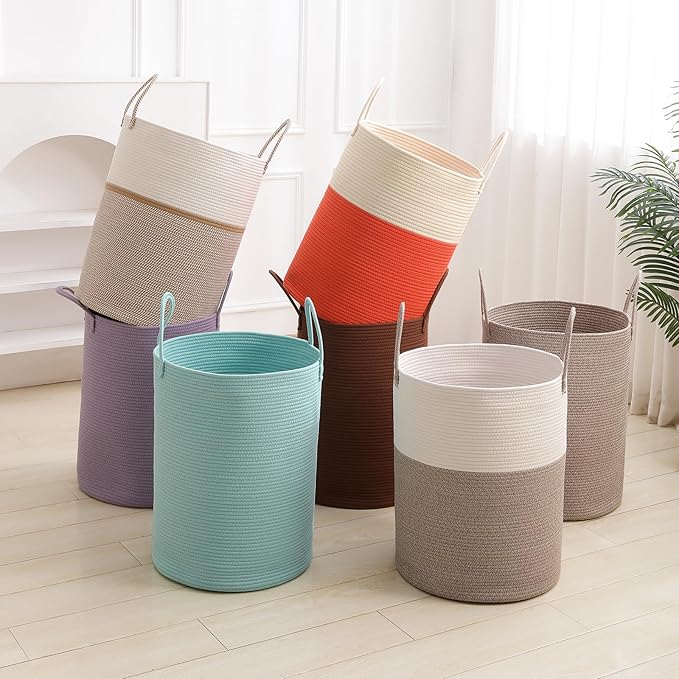 Laundry Basket Hamper Tall Rope Storage Woven for Blanket Toys Dirty Clothes in Living Room Bathroom Bedroom White & Brown 60L/15.8Gal