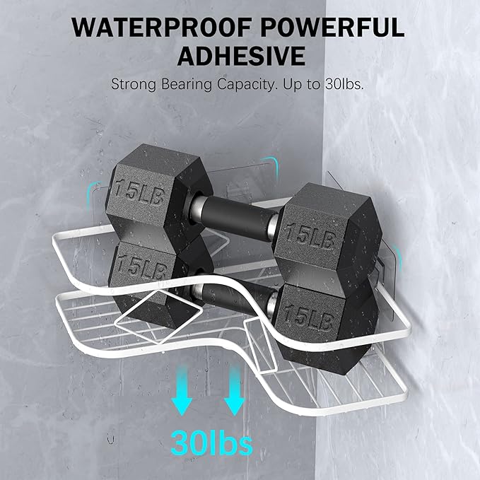 Large Corner Shower Caddy Shelf, 2 Pack Adhesive Bathroom Shower Organizer Shelves, No Drilling Rustproof Wall Mounted Shower Storage Basket Shampoo Holder Organizer (White)