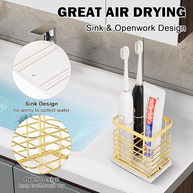 Toothbrush Holder, Luxurious Metal Toothbrush Toothpaste Holder with Marble Base for Bathroom, Multi-Slots Openwork Design, Bathroom Accessory for Storage and Organizer (Small, Gold)