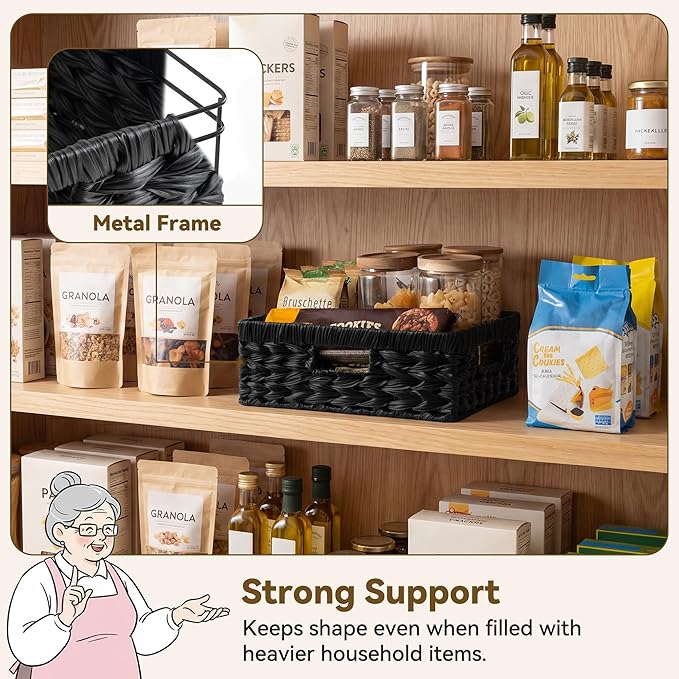GRANNY SAYS Wicker Basket for Organizing, Wicker Storage Baskets for Shelves, Woven Baskets for Pantry Storage, Shallow Basket, Black, 1Pack