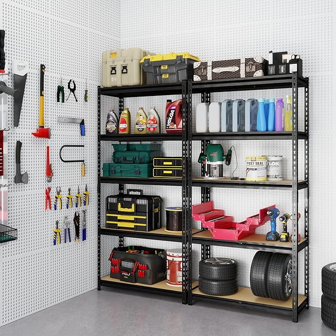 Storage Shelving Unit, 5 Tier Garage ShelvesHeavy Duty, Adjustable Metal Shelving Unit,2400LBS Black forPantry, Basement, Warehouse, Kitchen, Pantry and Closet,72" H