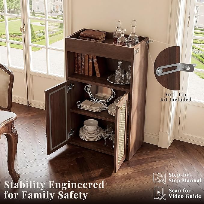 Bathroom Storage Cabinet, Rattan Freestanding Floor Organizer with Anti-Tip Devices and Adjustable Shelf, Small Cabinet for Bathroom, Kitchen, Living Room, Walnut