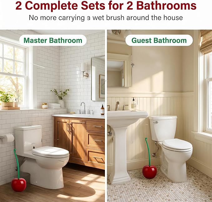 Toilet Bowl Brush with Holder Set: 360°Under Rim Toilet Scrubber Cute Cherry 2pcs-Heavy Duty Scrubbing Bristles for Apartment Bathroom