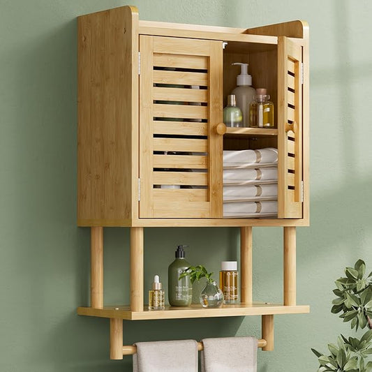 AmazerBath Bathroom Wall Cabinet, Bamboo Over The Toilet Storage Cabinet, Hanging Medicine Cabinets with Towel Bar, Wall Mounted Storage Shelf with Adjustable Shelves for Small Spaces
