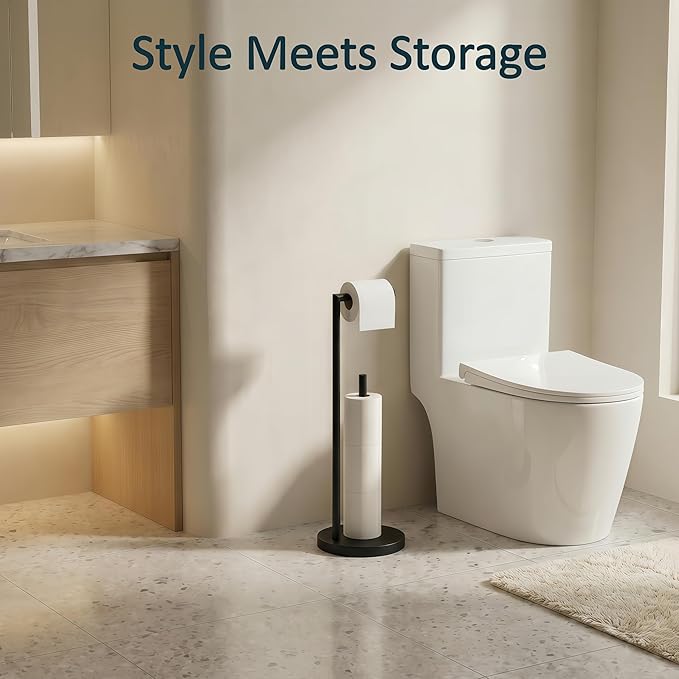 FORIOUS Toilet Paper Holder Stand, Modern Freestanding Tissue Roll Holder for Bathroom, Durable SUS 304 Stainless Steel and Weighted Base Toilet Paper Stand, Storage for 4 Rolls, Matte Black