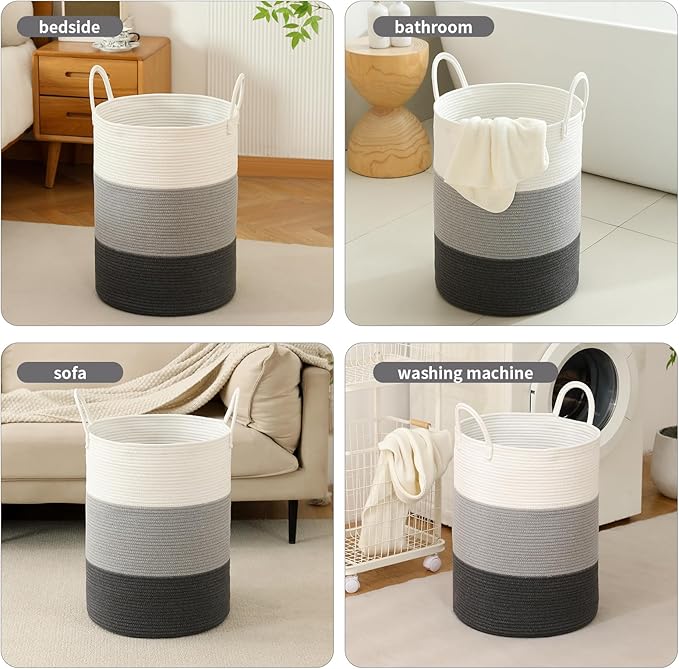 Laundry Basket Hamper Tall Rope Storage Woven for Blanket toys Dirty Clothes in Living Room Bathroom Bedroom (Gradient Grey, 80L/21.3Gal)