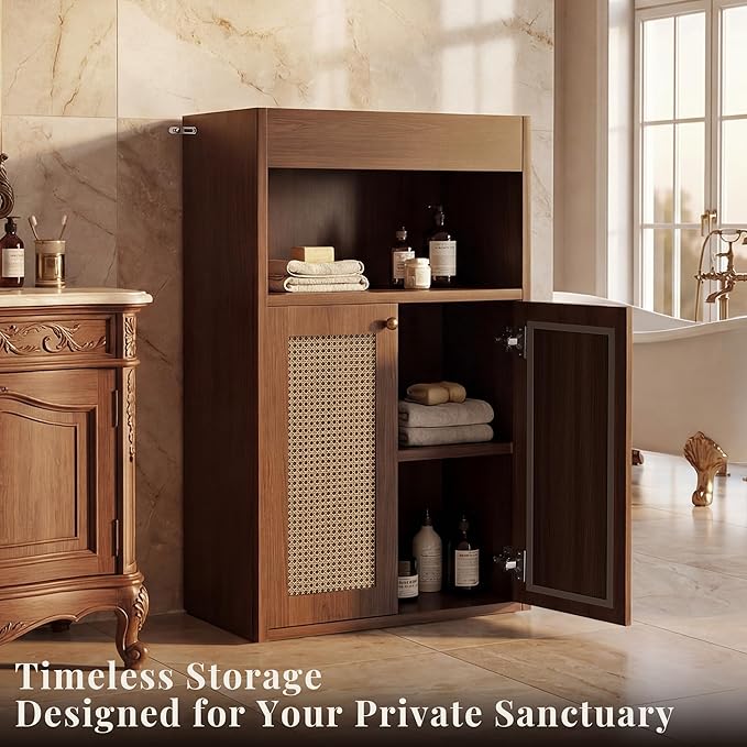 Bathroom Storage Cabinet, Rattan Freestanding Floor Organizer with Anti-Tip Devices and Adjustable Shelf, Small Cabinet for Bathroom, Kitchen, Living Room, Walnut