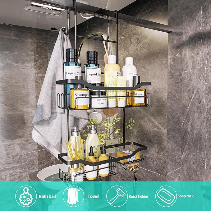 HapiRm Hanging Shower Caddy Over the Door with Soap Holder, No Drilling Adhesive Shower Organizer with 11 Hooks, Rustproof & Waterproof 304 Stainless Steel Bathroom Shelves - Black