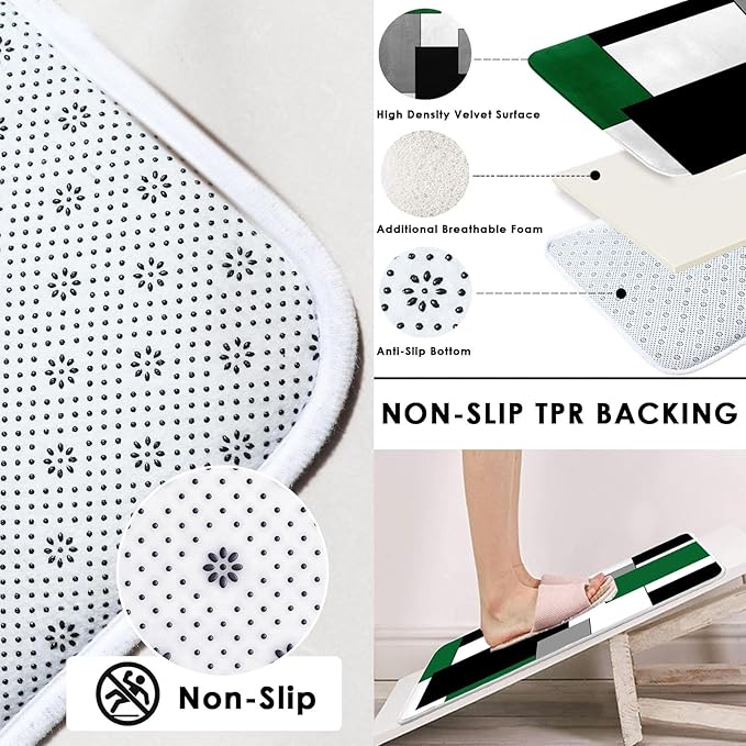 Green Geometric Shower Curtain Set with Toilet Lid Cover and Non-Slip Rugs for Bathroom, Grey Black White Checkered 4 Pcs Shower Curtain, Modern Abstract Bathroom Set with 12 Hooks