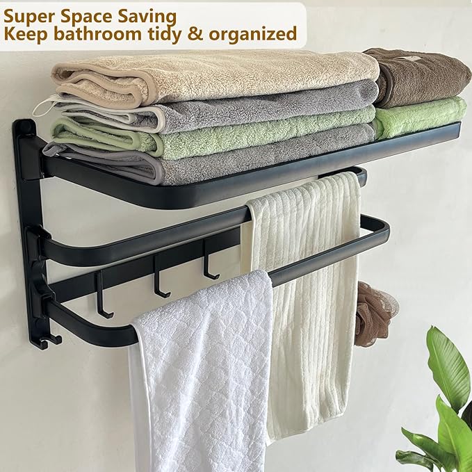 24in Towel Racks Shelf for Bathroom, Foldable Wall Mounted Towel Storage with 2 Towel Bar 9 Hook, Modern Rustproof Towel Holder with Shelves, Towel Hanger for Hotel Dorm Restroom RV Gym, Black