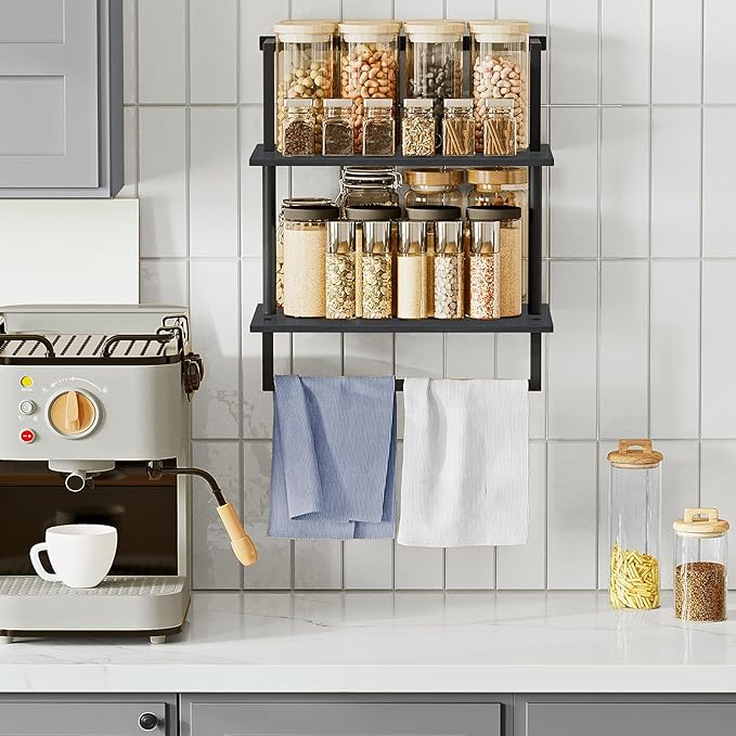 Wall Mounted Towel Rack for Bathroom, Bath Storage Holder 3-Tier Steel Wood Towel Shelf with Bar, Black