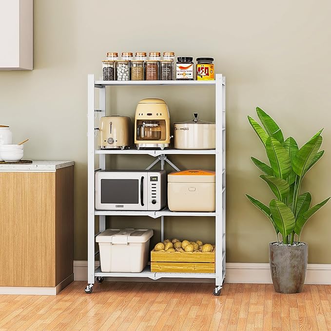 4-Tier Folding Metal Storage Shelf with Wheels & Hooks, Heavy Duty No-Assembly Collapsible Utility Rack for Kitchen, Garage, Office, Living Room – 600 lbs Capacity(White, 4-Tier)