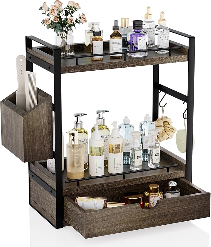 2-Tier Wood Bathroom Counter Organizer, Countertop Organizer with Drawer and Storage Basket, Bathroom Sink Organizer for Vanity, Skincare, Makeup, and Daily Essentials (Dark Brown)