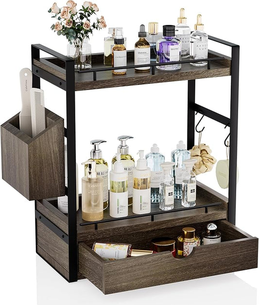 2-Tier Wood Bathroom Counter Organizer, Countertop Organizer with Drawer and Storage Basket, Bathroom Sink Organizer for Vanity, Skincare, Makeup, and Daily Essentials (Dark Brown)