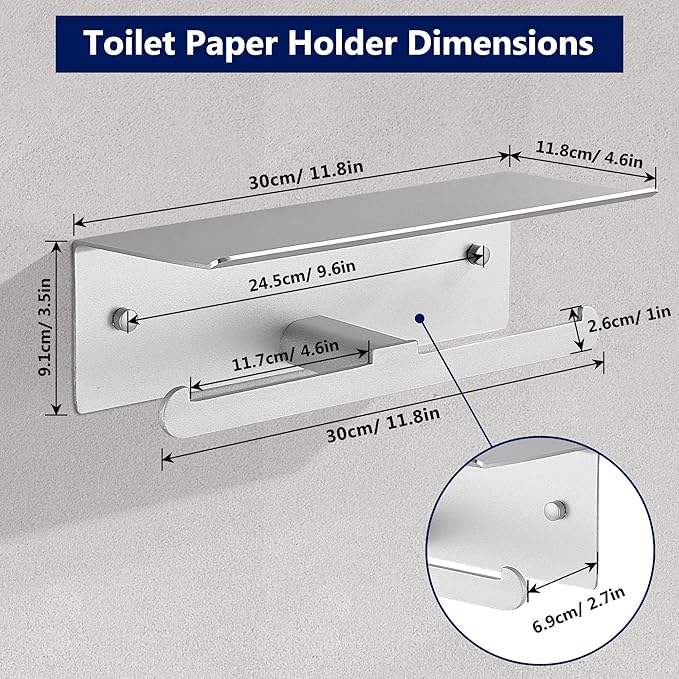 Toilet Paper Holder with Shelf, Adhesive Double Tissue Roll Holder Wall Mounted for Bathroom, Silver