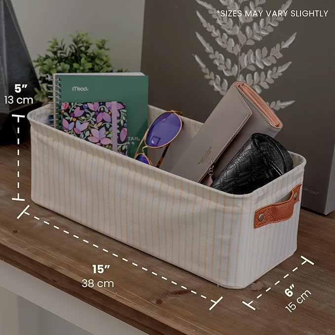 OrganiHaus 15x6in Canvas Storage Baskets 2 Pack | NARROW Fabric Bins for Shelves | Bathroom & Toilet Paper Organizer | White Striped Brown