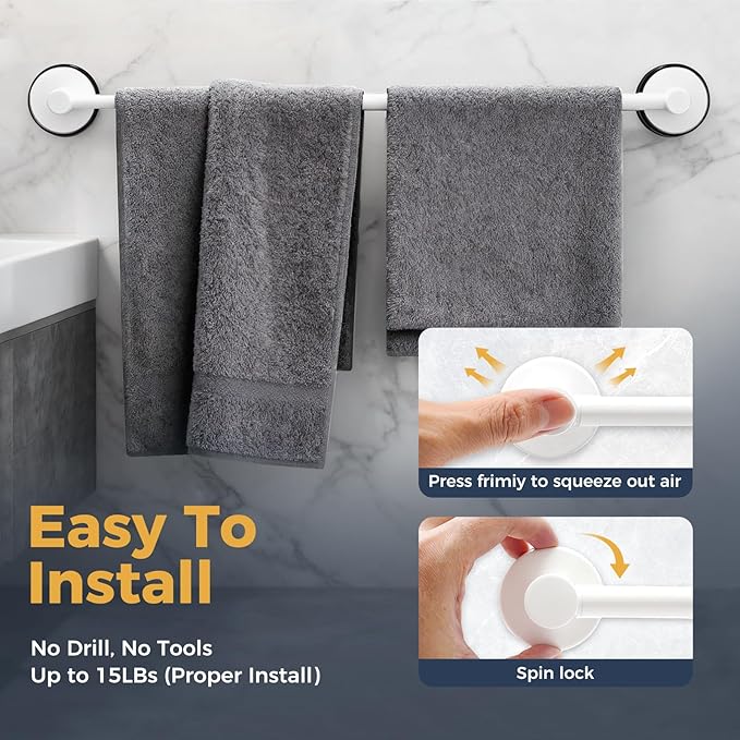 14.6inch~24inch Towel Racks for Bathroom,Adjustable Suction Cup Towel Bar for Bathroom Wall,Stainless Steel Bath Towel Holder for Shower,2 Pack(Bright White)