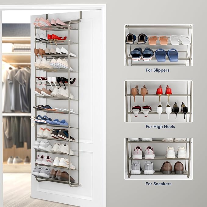 Whitmor 36 Pair Over The Door Shoe Organizer, 12 Tier Hanging Shoe Organizer, Heavy Duty Metal & Mesh Shoe Holder, Hanging Shoe Rack for Closet Organizer & Storage, 74" L x 21.7" W x 7.5" H, Mocha