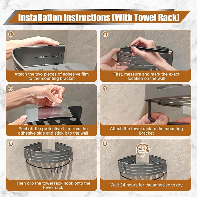 1-Pack Aluminum Corner Shelf, Large Capacity Shower Caddy with Adhesive & Screw Mounting, Rustproof Organizer Storage for Toilet, Laundry Room – Space-Saving Rack with Towel Hooks (Matte Gray)