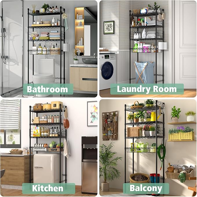 PrimeZone Over The Toilet Storage Rack - 4 Tier Adjustable Bathroom Shelf Organizer, Metal Space Saver Over Toilet with 2 Hooks, Freestanding Above Toilet Storage Shelves for Bathroom Laundry, Black
