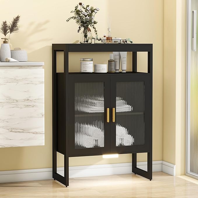 Bathroom Floor Storage Cabinet Freestanding Organizer with Sensor Light & Acrylic Doors for Bathroom, Home Office, Bedside, Sofa Side Table