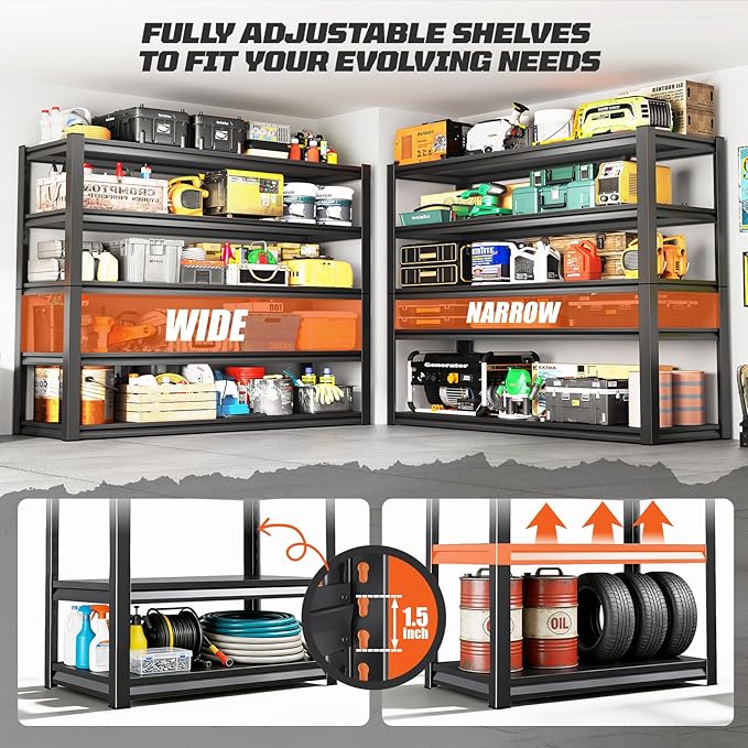 Garage Shelving, 5-Tier Garage Storage Shelves, 2000LBS Heavy Duty Shelves, 72" H x 46" W x 19.6" D Metal Shelving Unit, Utility Adjustable Storage Shelf for Warehouse, Basement, Closet
